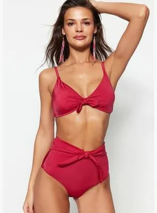 Claret Red Tie High Waist Bikini Bottoms With Regular Leg TBESS23BA00211