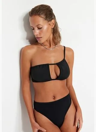 Black One-Shoulder Cut Out/Windowed Bikini Top TBESS23BU00339