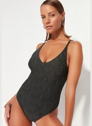 Black V-Neck, Low-Collecture Glittery Regular Leg Swimsuit TBESS23MA00222
