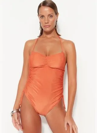 Orange Strapless Pleated Textured High Leg Swimwear TBESS23MA00104