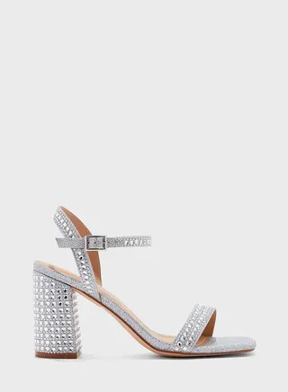 Jewelled Silver Ankle Strap Heels