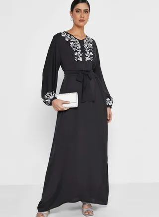 V-Neck Embellished Belted Jalabiya