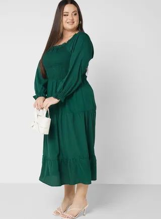 Square Neck Smock Detail Tiered Dress