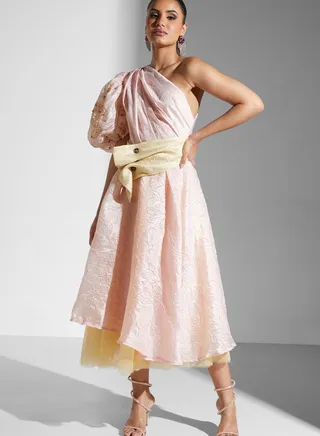 One Shoulder Balloon Sleeve Belted Dress