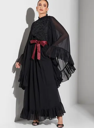 Wide Sleeve Ruffle Detail Dress