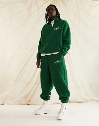 ASOS Dark Future relaxed sweatpants in teddy borg with logo embroidery in dark green - part of a set