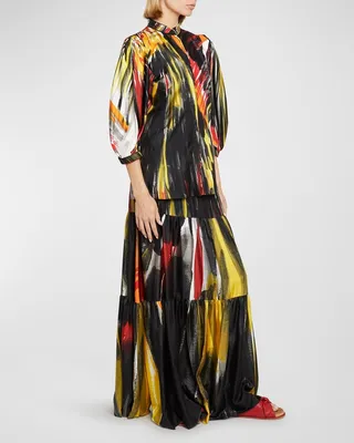 Quint Brushstroke-Print Puff-Sleeve Silk Top