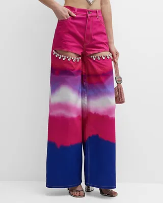Crystal Slit Wide-Leg Ombre Jeans