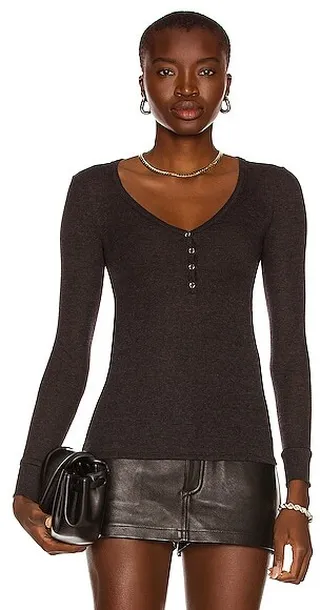 Enza Costa Italian Cashmere Tencel Baby Rib Long Sleeve Henley Top in Charcoal