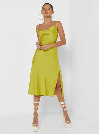 Cowl Neck Side Slit Strappy Dress