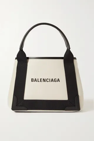 Balenciaga - Navy Cabas Small Leather-trimmed Printed Canvas Tote - Black