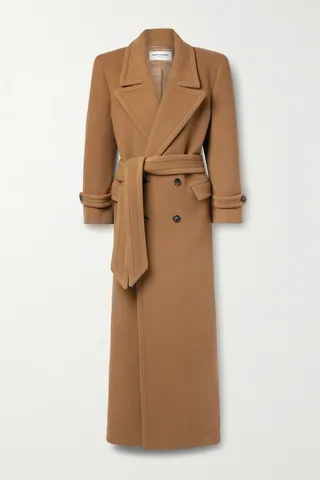 SAINT LAURENT - Oversized Belted Double-breasted Wool Coat - Brown
