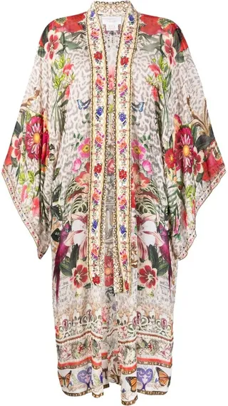 Floral-Print Silk Cape