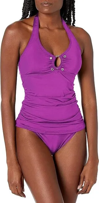Calvin Klein Women's Solid Halter Tankini Swimsuit with Removable Soft Cups (Dragon Fruit) Women's Swimwear