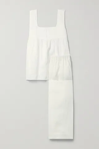 Pour Les Femmes - Ruched Linen Pajama Set - White