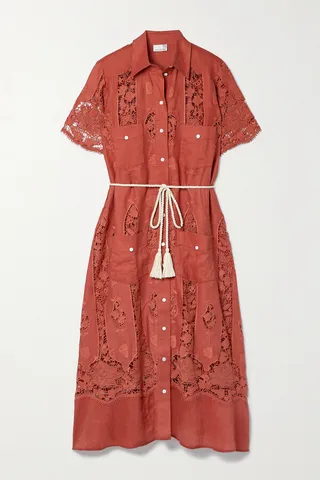 Miguelina - Berly Belted Corded-lace And Linen Midi Dress - Orange