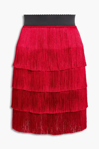 Fringed silk-blend satin mini skirt