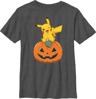Boy's Pokemon Halloween Pikachu Jack-O'-Lantern T-Shirt - Charcoal Heather - Small