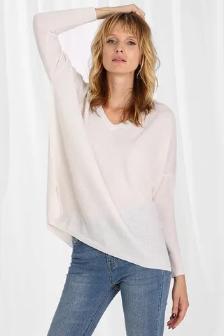 Minnie Rose Cashmere Boyfriend V-Neck Sweater - White