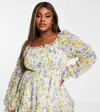 Simply Be square neck shirred long sleeve top in yellow floral