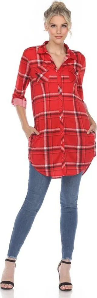 White Mark Plaid Tunic Shirt - Red