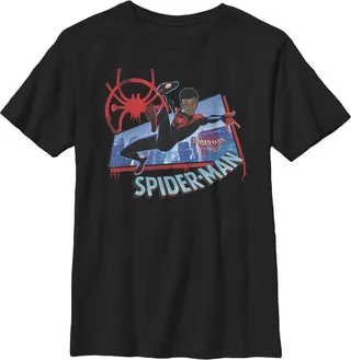 Boy's Marvel Spider-Man: Into the Spider-Verse Miles Kick Above City T-Shirt - Black - X Small