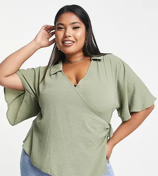 ASOS DESIGN Curve collared wrap blouse in khaki