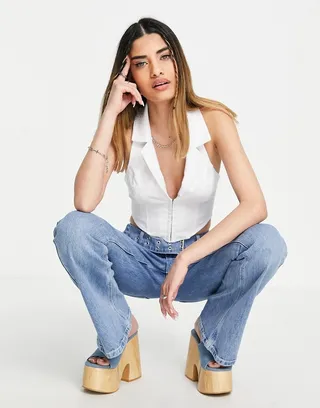 ASOS DESIGN collared halter vest with hook & eye detail in white