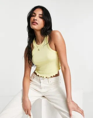 ASOS DESIGN racer tank top with lettuce hem in yellow
