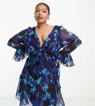 ASOS DESIGN Curve ruffle tie front plunge mini dress with ruffle sleeves in black and blue abstract print