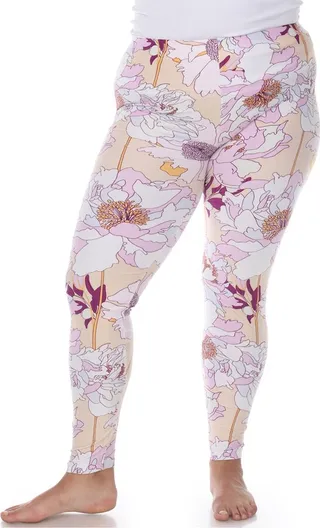 Plus Size Super Soft Tropical Printed Leggings One Size Fits Most Plus Coral Pink Flower - White Mark