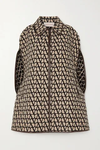 Valentino Garavani - Leather-trimmed Canvas-jacquard Cape - Brown