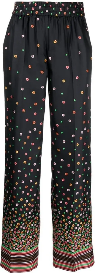 Floral-Print Silk Trousers