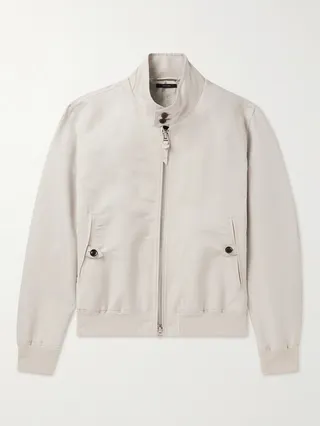 Slim-Fit Leather-Trimmed Cotton and Silk-Blend Poplin Bomber Jacket