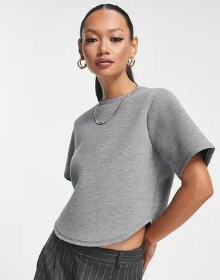 ASOS DESIGN scuba t-shirt with curved hem in gray heather