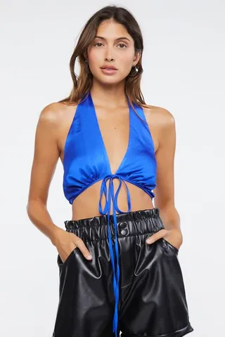 Satin Plunging Halter Crop Top