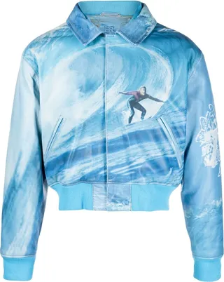 Blue Graphic Print Leather Bomber Jacket