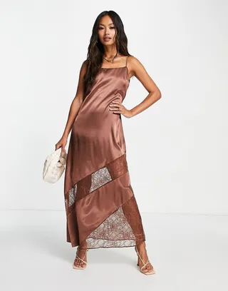 Topshop lace insert midi slip dress in chocolate