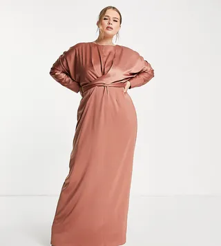 ASOS DESIGN Curve satin maxi dress with batwing sleeve and wrap waist in mink