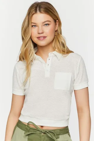 Mesh Netted Cropped Polo Shirt