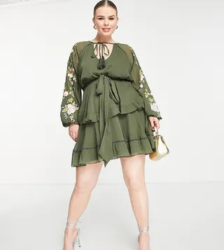 ASOS DESIGN Curve blouson sleeve tiered mini dress with embroidery in khaki