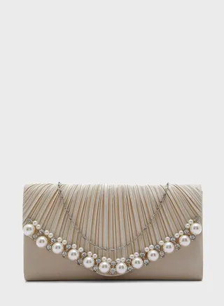 Pearl Trim Pleated Satin Evening Clutch Bag
