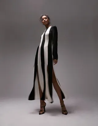 Topshop long sleeve contrast panel midi dress in black and white