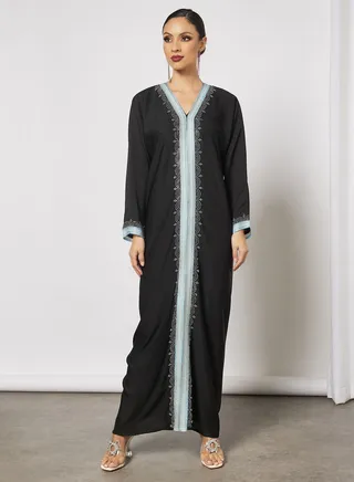 Abaya With Contrasting Stone Work And Lace Embellished