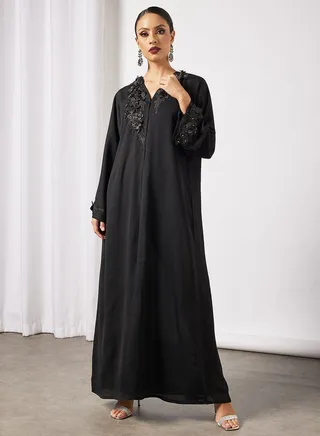 Abaya Dress With Front And Cuffs Handwork