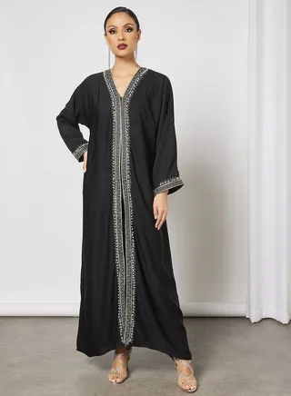 Abaya With Contrasting Stone Work And Lace Embellished