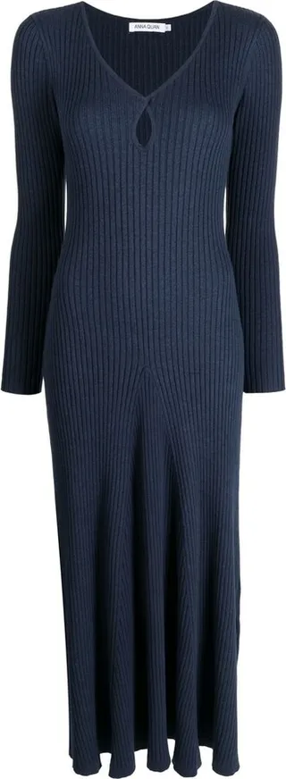 Ribbed-Knit Long-Sleeve Midi Dress