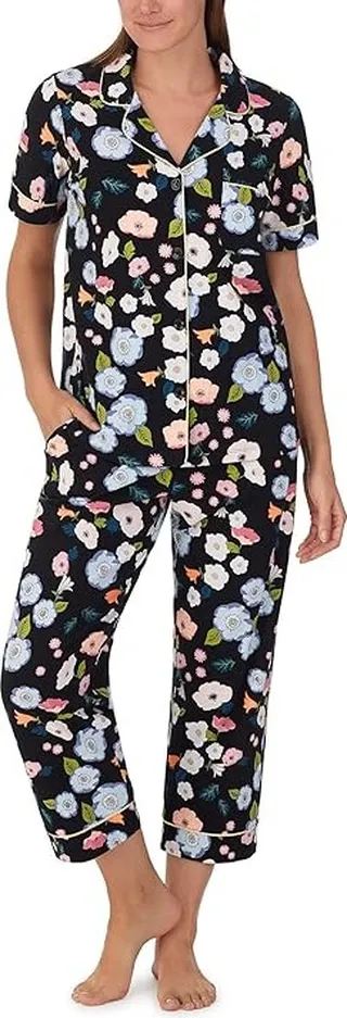 Bedhead PJs Organic Cotton Knit Short Sleeve Cropped PJ Set (Posies) Women's Pajama Sets