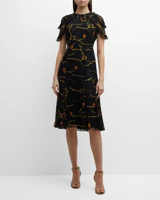 Silk Crinkle Printed Day Dress with Ruffle Sleeves