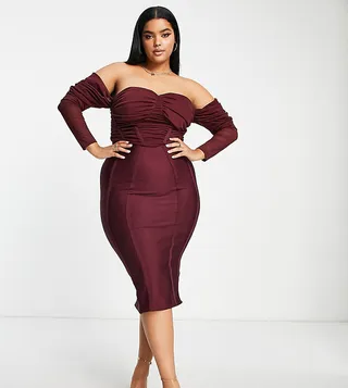 ASOS DESIGN Curve off shoulder corset midi dress in wine
